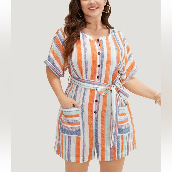 BloomChic Plus Size Striped Contrast Dolman Sleeve Button Up Pocket Belt Romper - Picture 1 of 8